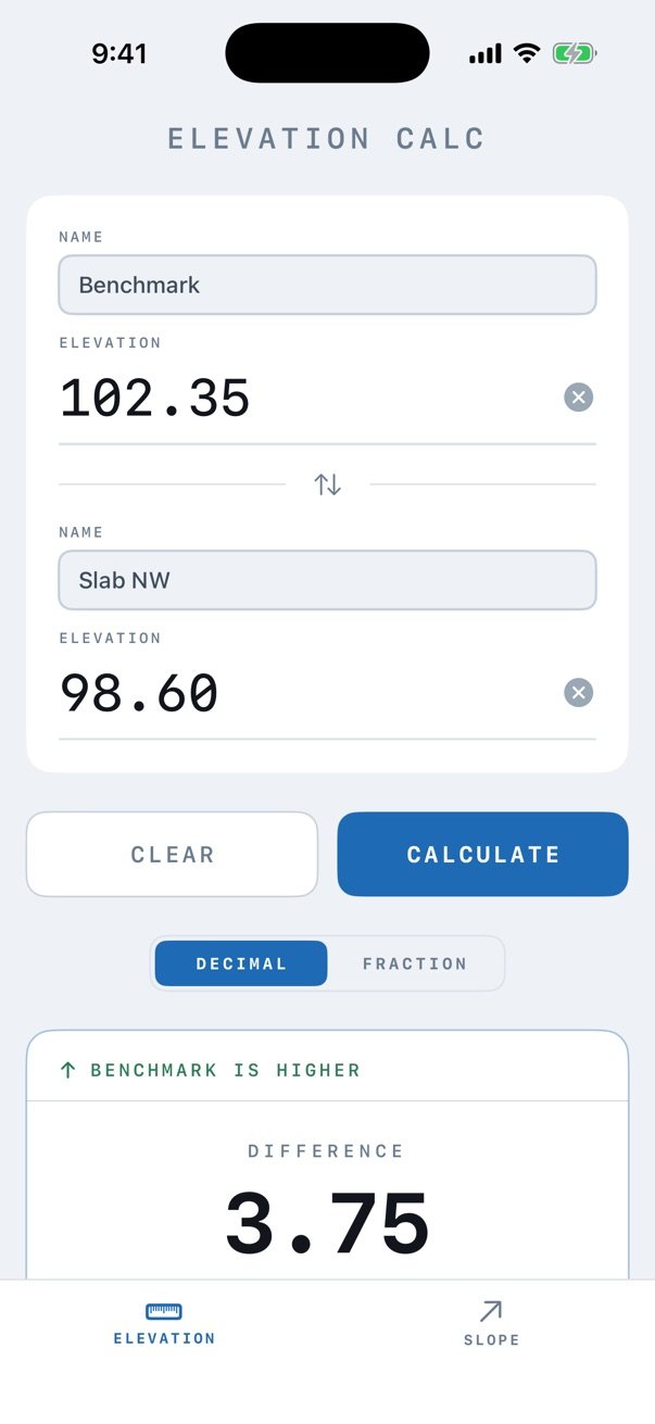Elevation Calc comparing Benchmark at 102.35 and Slab NW at 98.60, showing a difference of 3.75 with Benchmark higher