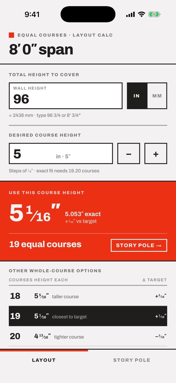 Equal Courses dividing a 96-inch wall with a 5-inch target into 19 equal courses of 5 1/16 inches