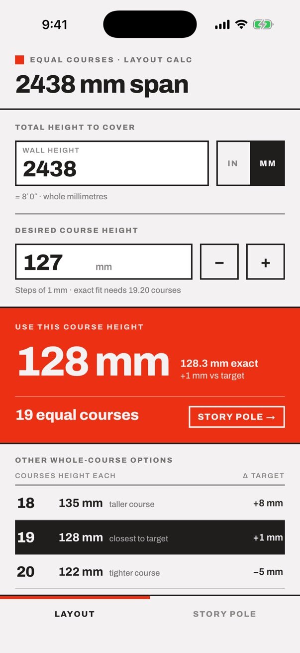 Equal Courses in metric: a 2438 mm span with a 127 mm target gives 19 courses of 128 mm
